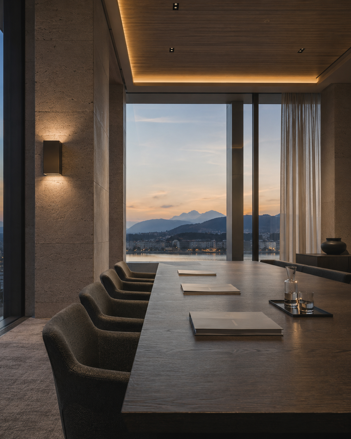 Panoramic boardroom overlooking the lake at sunset