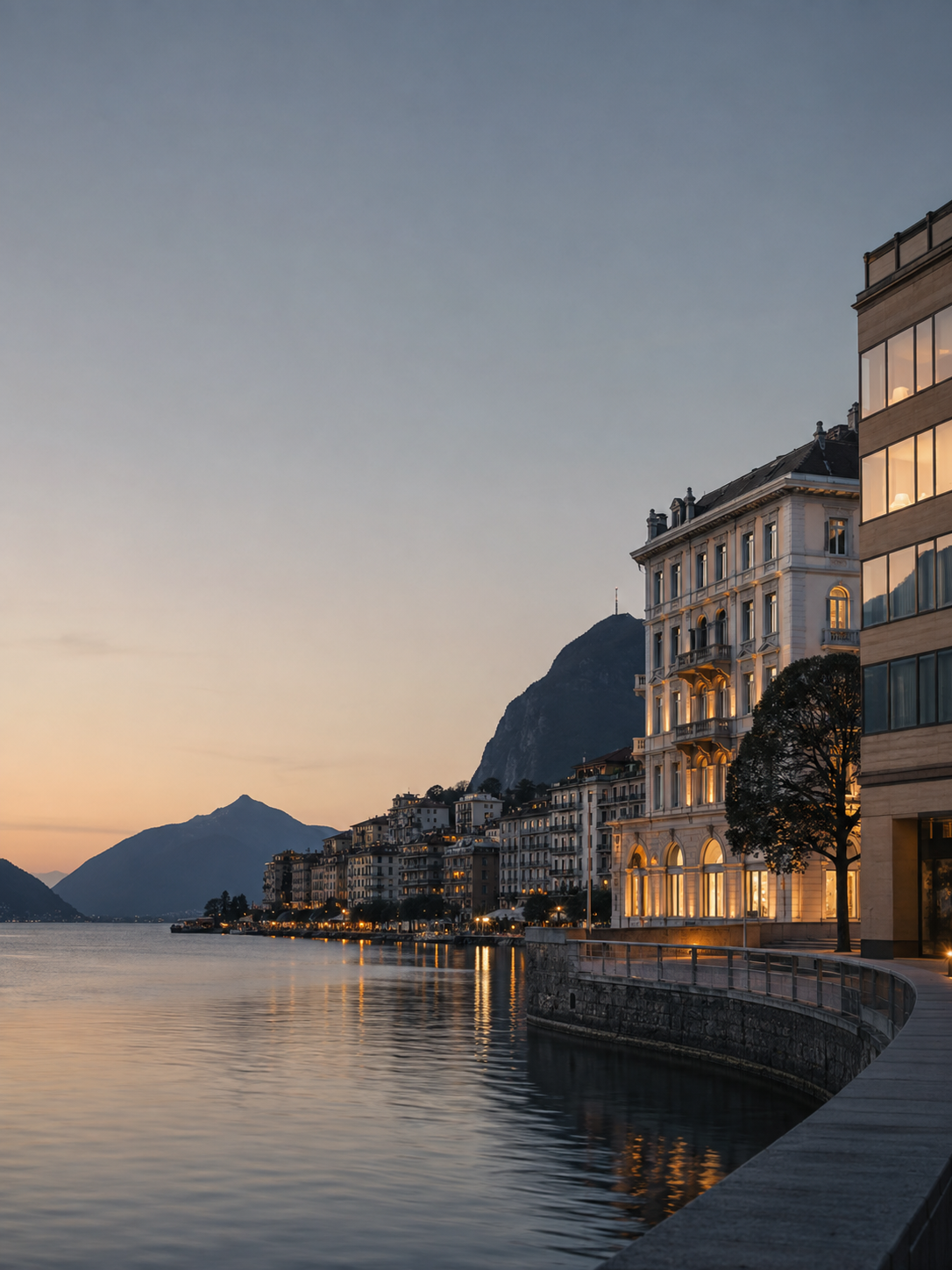 Lakeside view at dusk with illuminated buildings and mountains